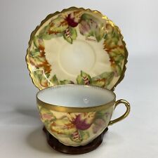 OE&G Royal Austria Tea Cup Saucer Set Signed Hand Painted Antique Fall Leaves picture