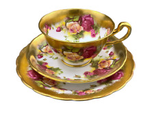English Royal Chelsea Bone China Tea Cup & Saucer Golden Rose Heavy Gold Brush picture