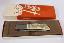 Gerber Silver Knight Knife 1980's JAPAN Lovely Boucher Scrimshaw DEER picture