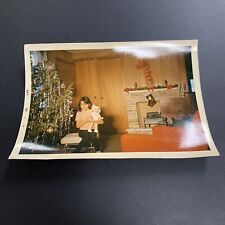 VTG Snapshot Photo Little Girl Smiling Christmas Present Doll Tinsel Tree 1965 picture