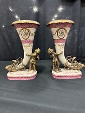 Pair Of Vintage Marked Wong Lee Pink Cornucopia Vases Bronze And Porcelain picture