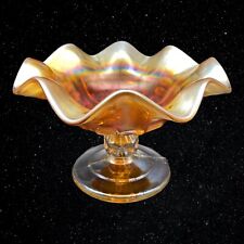 Vintage Dugan Marigold Iridescent Ruffled Carnival Pedestal Bowl 3.5”T 6”W picture