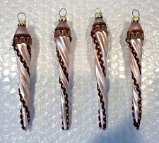 Set of 4 Vintage Rare Pink Glass Twist Icicle Ornaments Embroidery West Germany picture