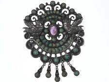 Large Vintage Matl Style Sterling Turquoise Amethyst repousse birds pendant/pin picture