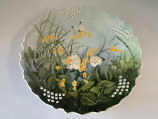 VTG CABINET PLATE HAND PAINTED BUTTERFLIES MEADOW PIERCED LATTICE SIGNED 10” EUC picture