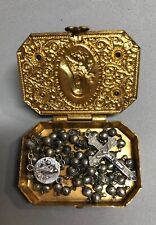 Antique Rosary Portuguese Silver 830 In Gilded Jeweled Case Very Small 6 Gram picture