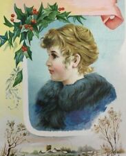 Victorian Christmas Trade Card Cute Pretty Girl Lion Coffee Woolson Spice Large picture