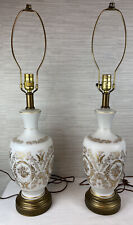 Vintage lamps set frosted glass gold etch three way lighting Hollywood regency picture