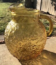 Vintage Amber Pebbled Pitcher Round Glass Water Juice Thanksgiving Holidays picture