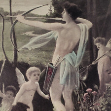 Cupids With Female Archer Woman Postcard c1908 Vintage Archery Art Painting E556 picture