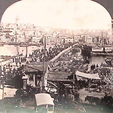 1909 CONSTANTINOPLE TURKEY FAMOUS GALATA BRIDGE GOLDEN HORN STEREOVIEW Z1550 picture