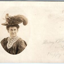1908 Alamogordo, NM Victorian Feather Hat Lady RPPC Woman Portrait Pollock A155 picture