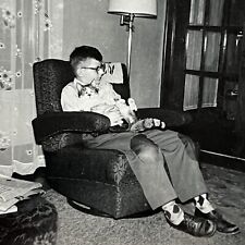 Vintage B&W Snapshot Photograph Boy In Recliner With Beloved Kitty Cat 1950s picture