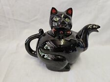 Vintage 1950’s Shafford Redware Black Cat With Red bow Glazed Teapot 6