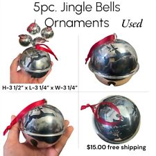 5pc. Christmas Ornament JINGLE BELLS Silver Metal w/Red Ribbon USED-CLEARANCE picture