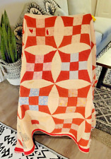 1940s Red Vintage Glorified Nine Patch Cutter Quilt Feedsack Apx 78x68 picture