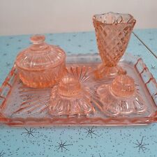 Vintage Art Deco Pressed Glass Vanity Set In Pink/ Peach picture