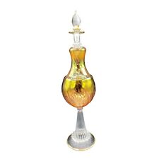 Large Vintage Egyptian Blown Glass Perfume Bottle Decanter Pink Iridescent Gold picture