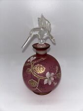 Antique Hand Painted Frosted Cranberry Glass Floral/Handblown Stopper/Gold Trim picture
