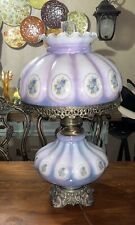 VTG Double Melon Globe Hurricane Lamp Romantic Lavender & Blue Roses Works Well picture