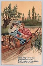 Postcard Embossed Romance Man Woman Canoe c1909 picture