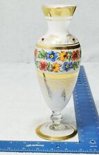 Antique White Bohemian Raise Hand Painted Flower Gold Gilt Glass Vase 9.5” Tall picture