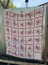 Vintage Handmade Quilted Feed Sack 1950s Dresden Plate Quilt 77x64 Dated 1956 picture