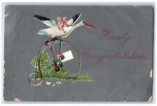 1907 Hearty Congratulations Bicycle Stork Delivering Twin Babies Postcard picture