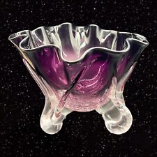 Vintage Polish Art Glass Centerpiece Bowl Vase Crackle Purple Clear Signed Glass picture