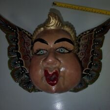 Carved WOOD ANGEL, 17 Inch Mexican Folk Art Wood Angel Mask Hanging Cherub  picture