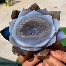 478g Natural GEODE Agate Hand Carved Lotus Quartz Crystal Reiki Healing Gift picture