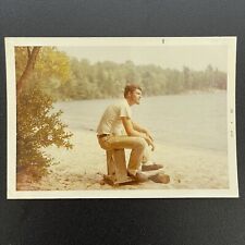 Vintage Photo Sept 1969 Handsome Bearded Young Man Sitting on Log Lakeside picture