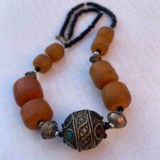 ANCIENT ANTIQUE MAGNIFICENT MOROCCAN BRONZE AMBER BEADED NECKLACE picture