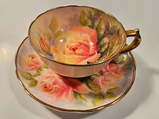 PARAGON SIGNED (FRED) F. WRIGHT DEMITASSE TEACUP & SAUCER SET PEACH CABBAGE ROSE picture