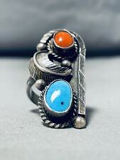 MASSIVE VINTAGE SIGNED NAVAJO KINGMAN TURQUOISE CORAL SILVER  RING picture