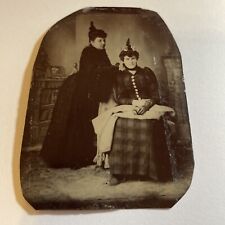 Antique Tintype Photograph Two Ladies, GREAT HAIR JEWELRY, CAPES, BUSTLE DRESS picture