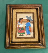 VTG Mexican Burlap Folk Art Painting Colorful Children Framed & Signed 12x10.25” picture
