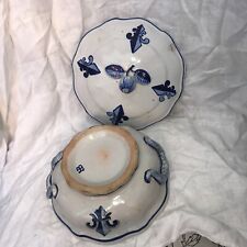 Antique French Quimper Fleur De Lys￼ Covered Dish Soup Tureen Tin Glazed Blue picture
