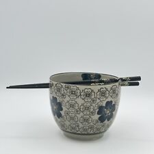 Japanese Ramen Udon Noodle Bowl with Chopsticks Beautiful Blue Flowers 5” picture