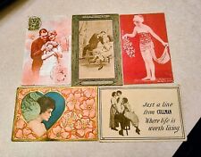 Vintage Lot 5 Antique Early  Embossed  Valentine's Day Postcards & 1 Cent Stamps picture