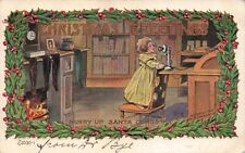Christmas Girl Calls Santa Claus on Old Phone Stockings Hang by Fire Postcard picture