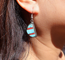 Handcrafted Navajo Turquoise & Synthetic Coral Inlay Dangle Earrings Sterling picture
