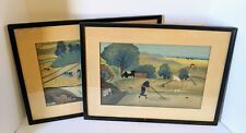 Pair Vintage Bakufu Ono Japanese Woodblock Prints Rice Farms, Framed, 18.5