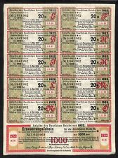 1922 German 20 Mark Reich Treasury Bond Certificate Coupons w/ Embossed Seals picture