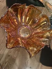 Iridescent Orange Marigold Ruffled Edge Carnival Glass Bowl 9