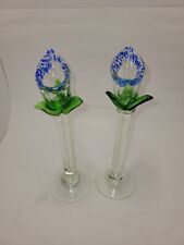 VTG Art Glass Calla Lillies Candle Sticks Hand Blown Italian Blue & Green picture