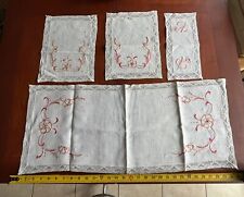 Vintage Set Embroidered Table runners And Tea Clothes Lace Trim White 31”  picture