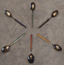 Complete set of 6 enameled demitasse coffee tea spoons Meka Denmark marked chevr picture