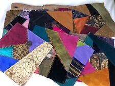 Vtg 47 Silk Velvet Crazy Patchwork Quilt Squares Hand Machine Stitched Fabric picture