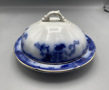 Antique Flow Blue 3 Pc. Covered Butter Dish Butter Dome Cliff Senator picture